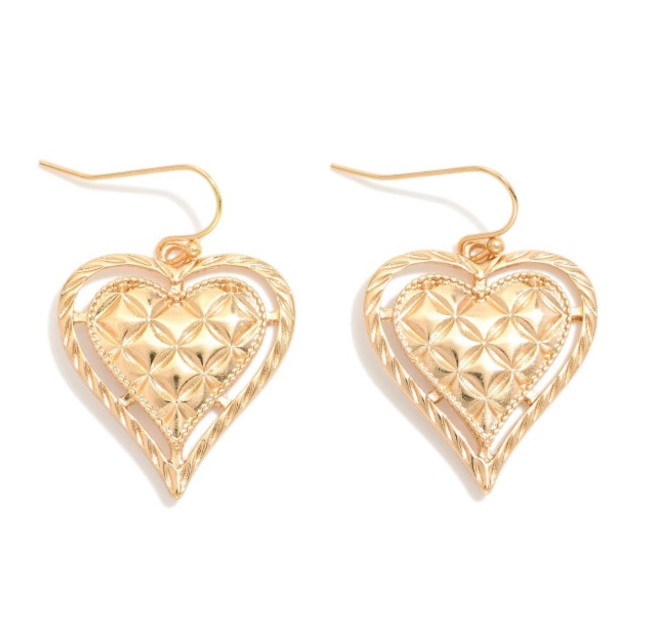 Quilted Heart Drop Earrings, Colour: Gold
