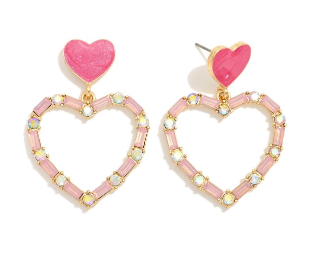 Rhinestone Heart Post Drop Earrings, Colour: Pink