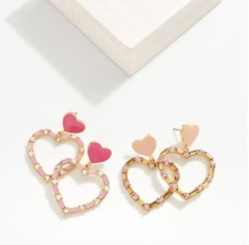 Rhinestone Heart Post Drop Earrings