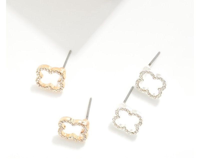 Rhinestone Studded Hollow Clover Stud Earrings