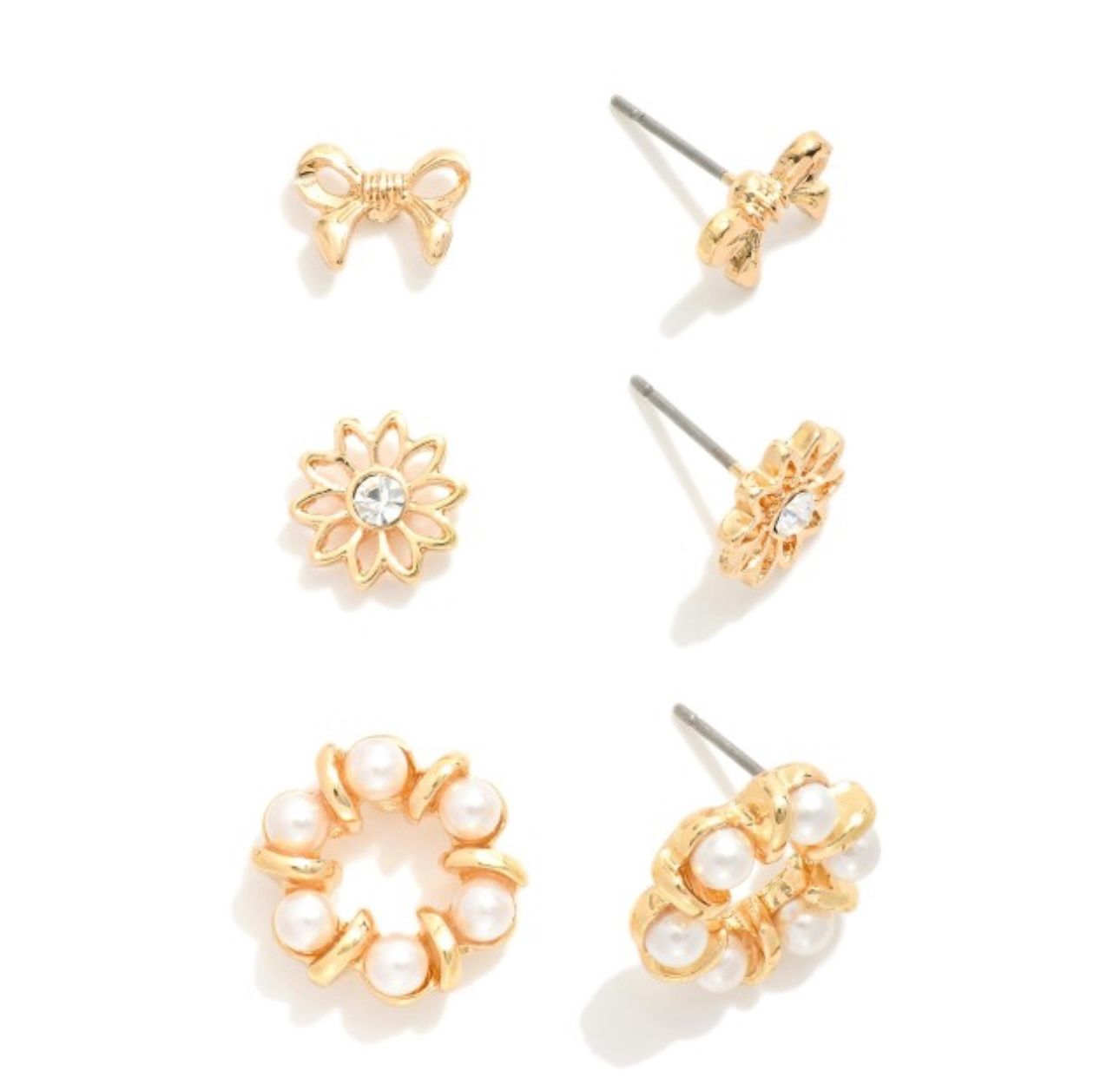 Set of 3 Stud Pearls &amp; Rhinestone Earrings, Colour: Gold