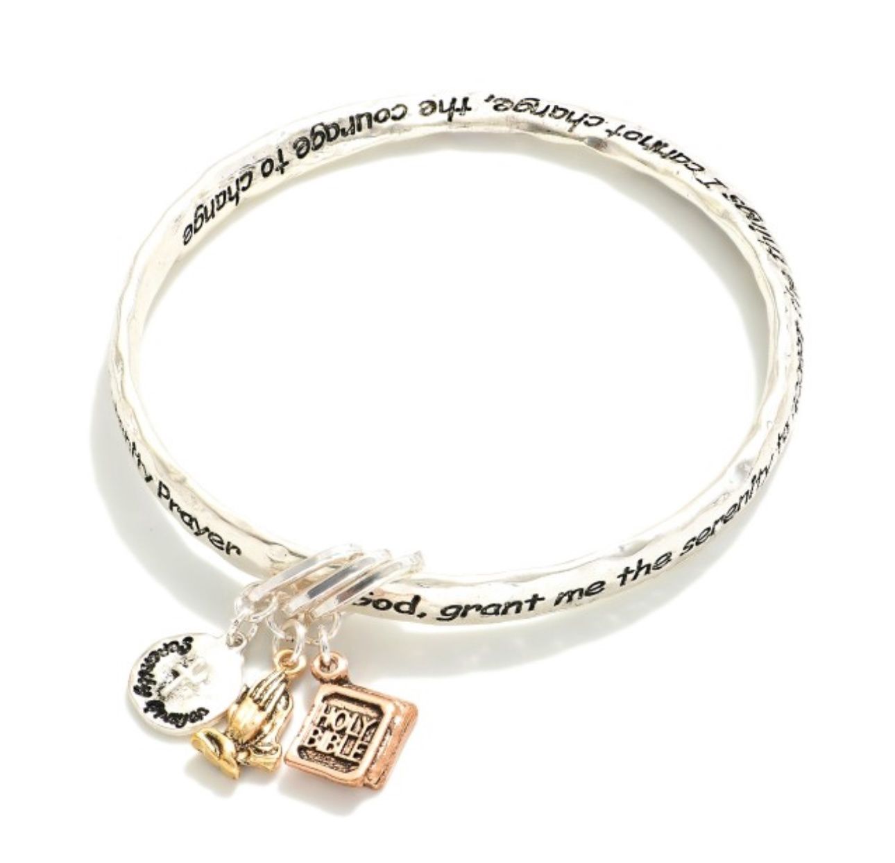 Serenity Prayer w/Cross, Praying Hands and Holy Bible Charms Bracelet, Colour: Silver/Gold