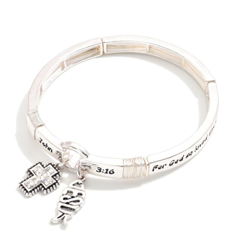 &quot;John 3:16&quot; Rhinestone Cross and Jesus Fish Charm Bracelet