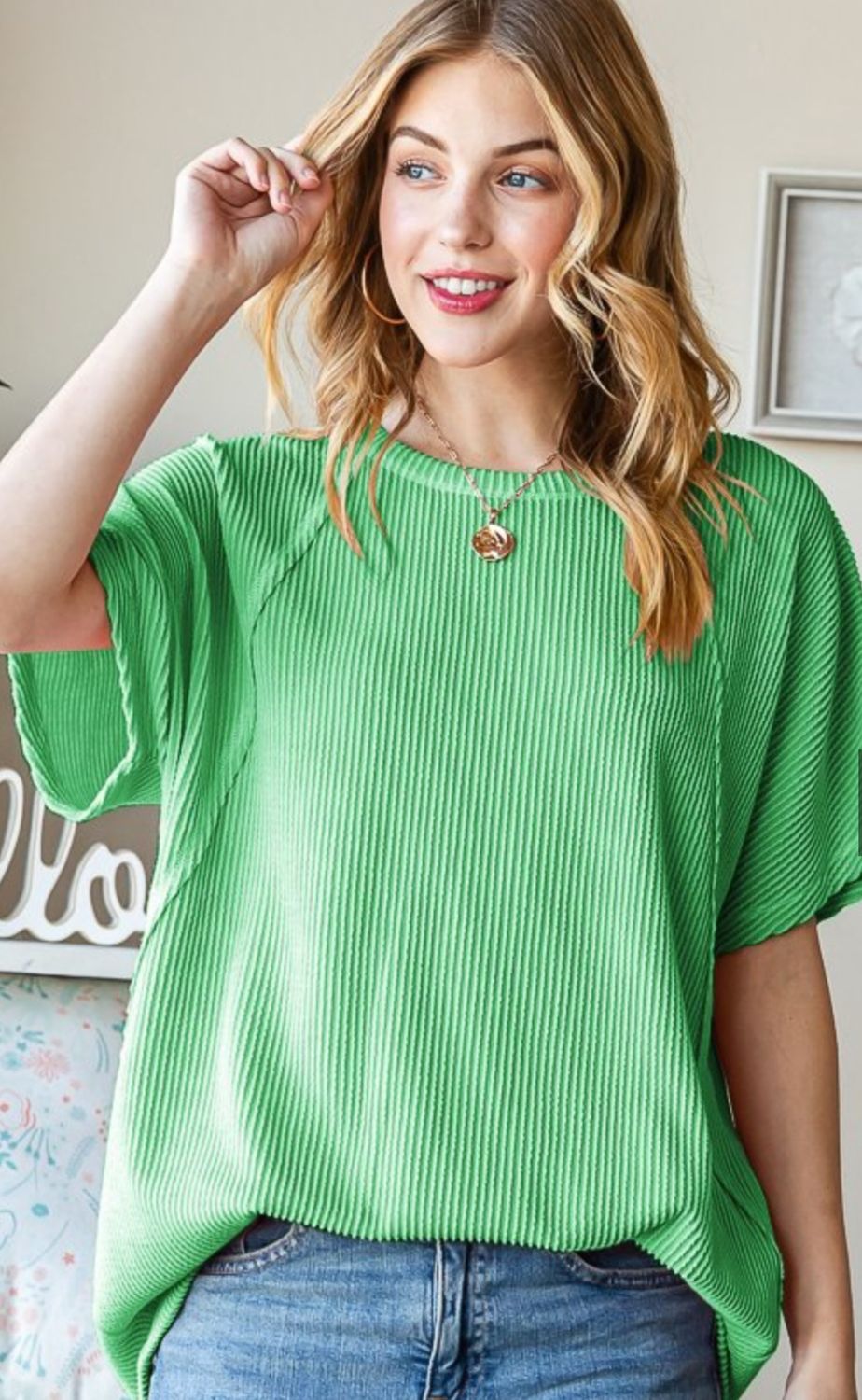Solid Urban Ribbed Top, Colour: Kelly Green, Size: S