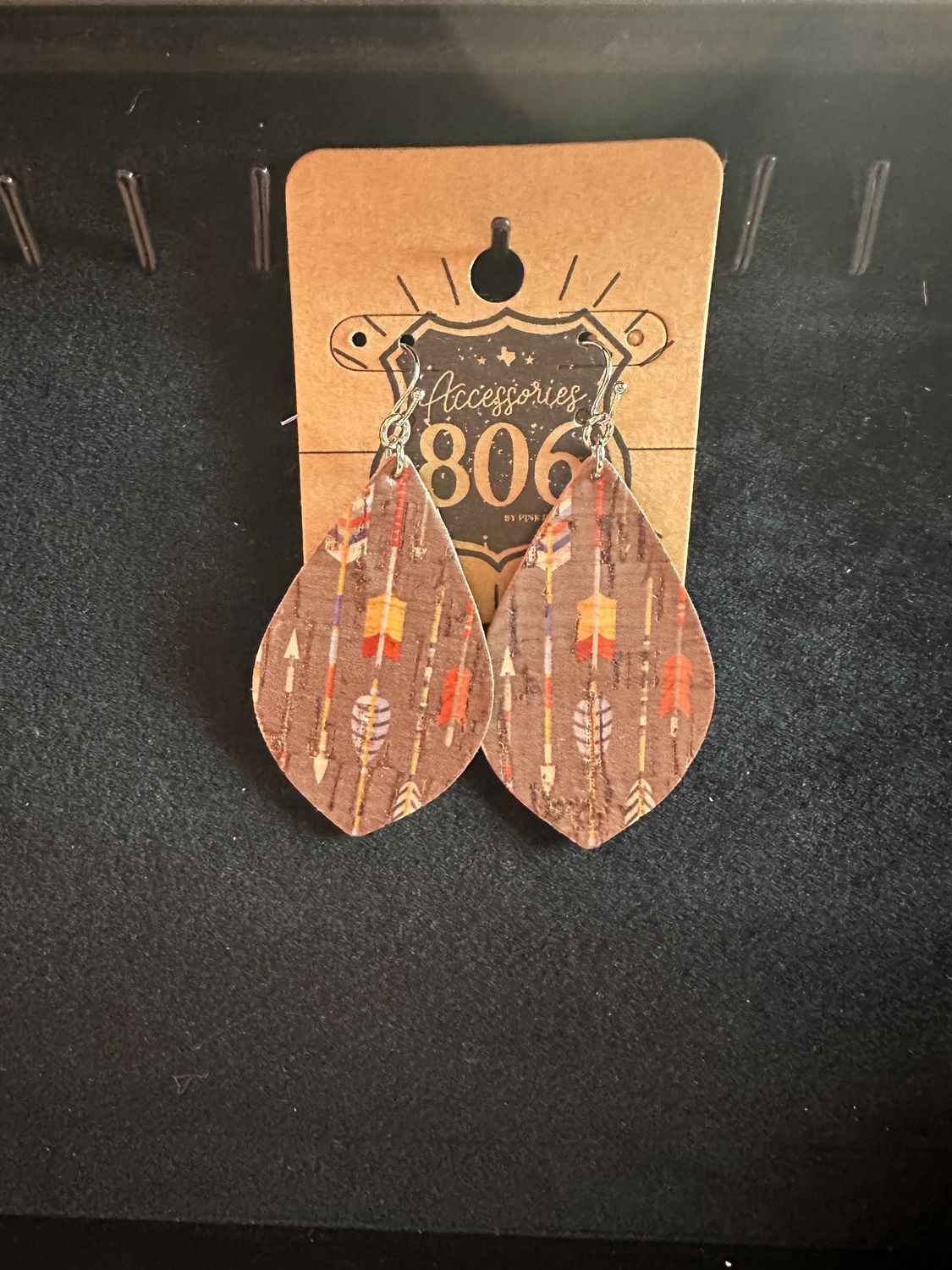 Arrow Print Cork Teardrop Earrings, Colour: Brown