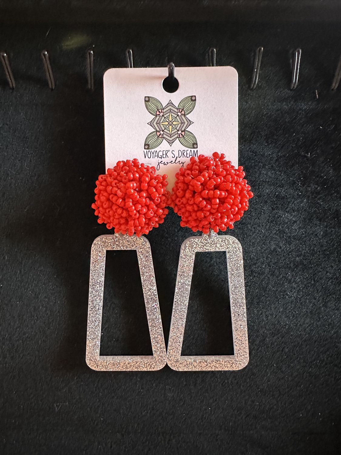 Geometric Silver Earrings, Colour: Red