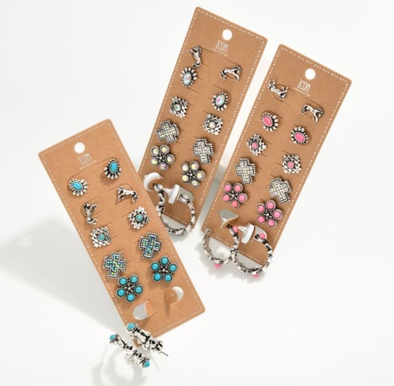 Set of 6 Western Cross Stud &amp; Hoop Earrings