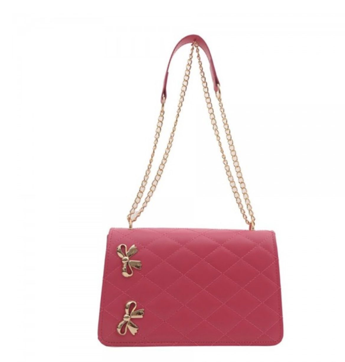 Quilted Cross Body Bag w/Metal Bow Details, Colour: Hot Pink