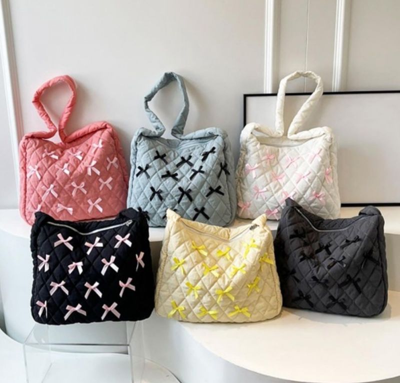 Quilted Nylon Cross Body Bag w/Bow Details