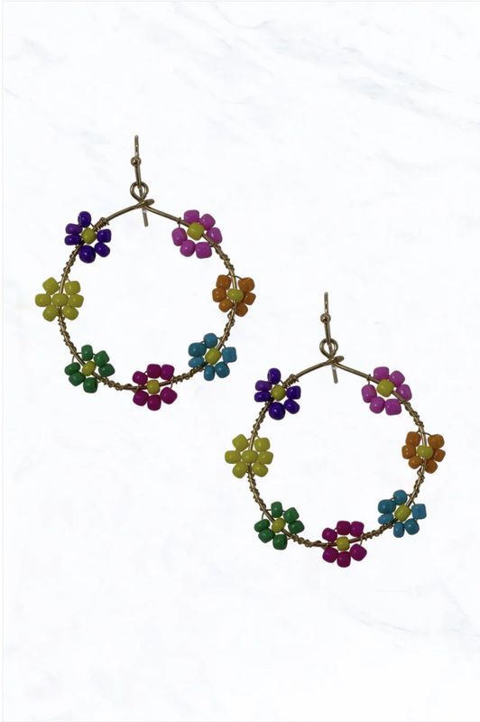 Flower Bead Colored Loop Fishhook Earrings