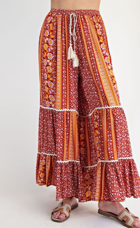 Boho Red Rayon Challis Ruffle Pants