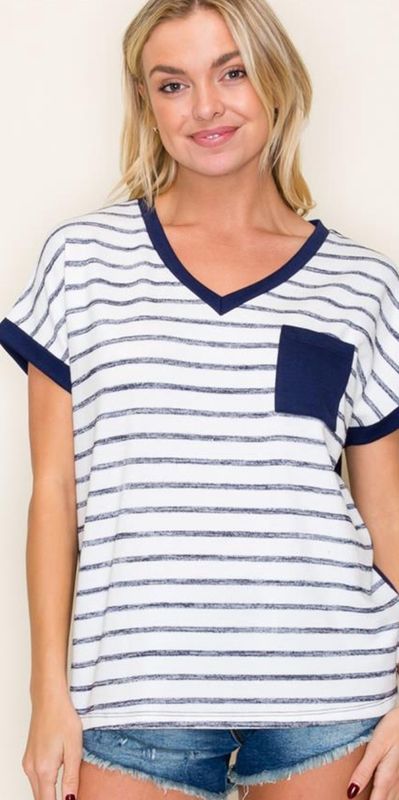 Navy/Ivory V Neck Knit Top