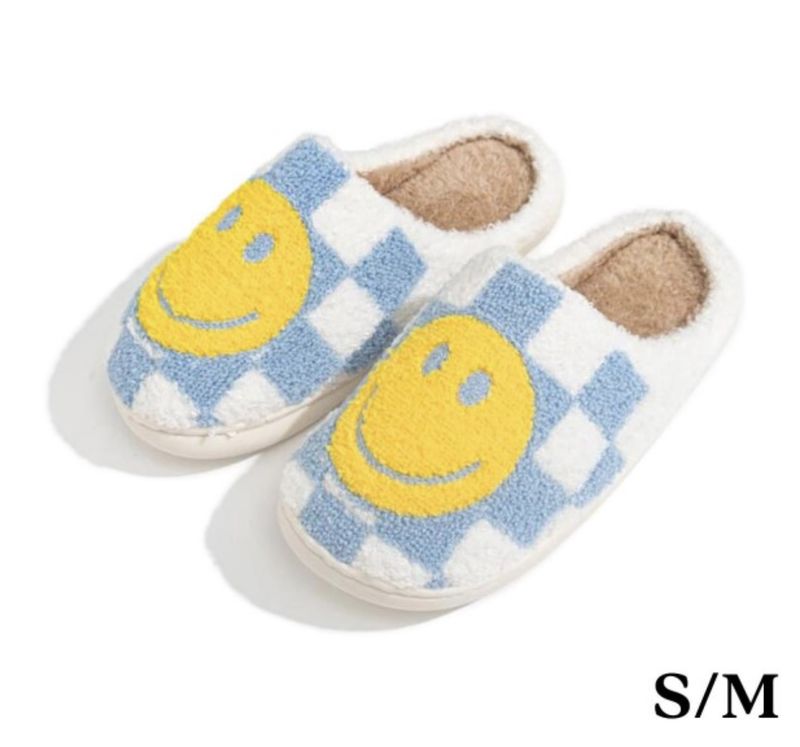 Plush Happy Face Checker Slide on Slippers, Colour: Blue, Size: S/M