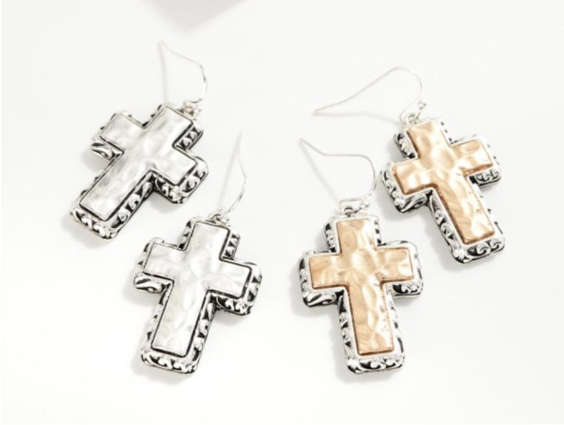 Chunky Hammered Metal Cross Earrings
