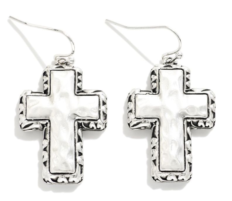 Chunky Hammered Metal Cross Earrings, Colour: Silver