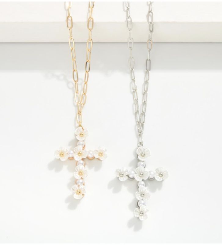 Pearl &amp; Pearl Flower Cross Necklace