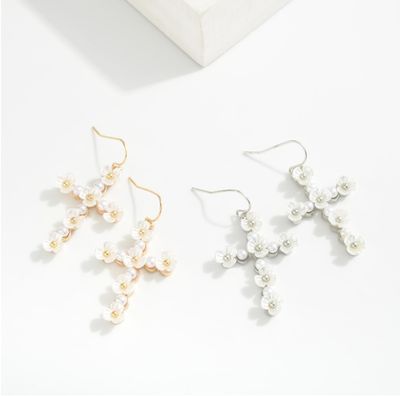 Pearl &amp; Pearl Flower Cross Earrings