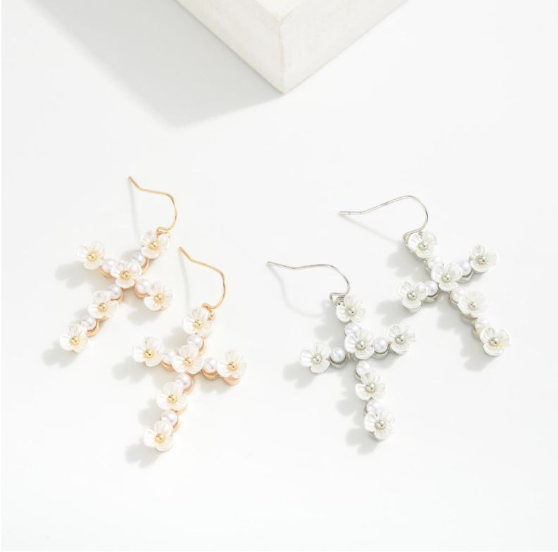 Pearl &amp; Pearl Flower Cross Earrings
