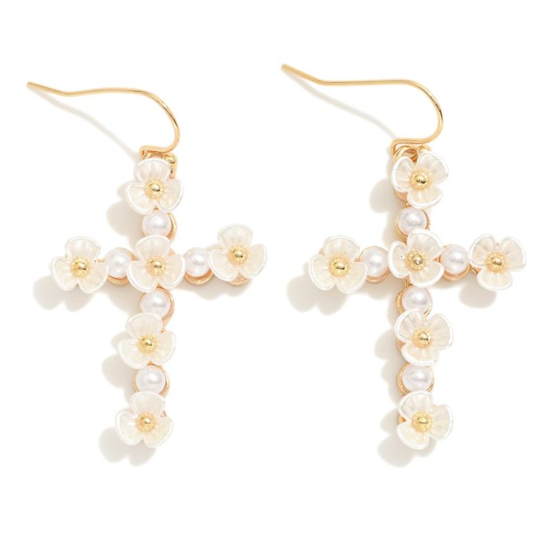 Pearl &amp; Pearl Flower Cross Earrings, Colour: Gold