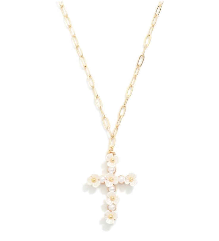 Pearl &amp; Pearl Flower Cross Necklace, Colour: Gold