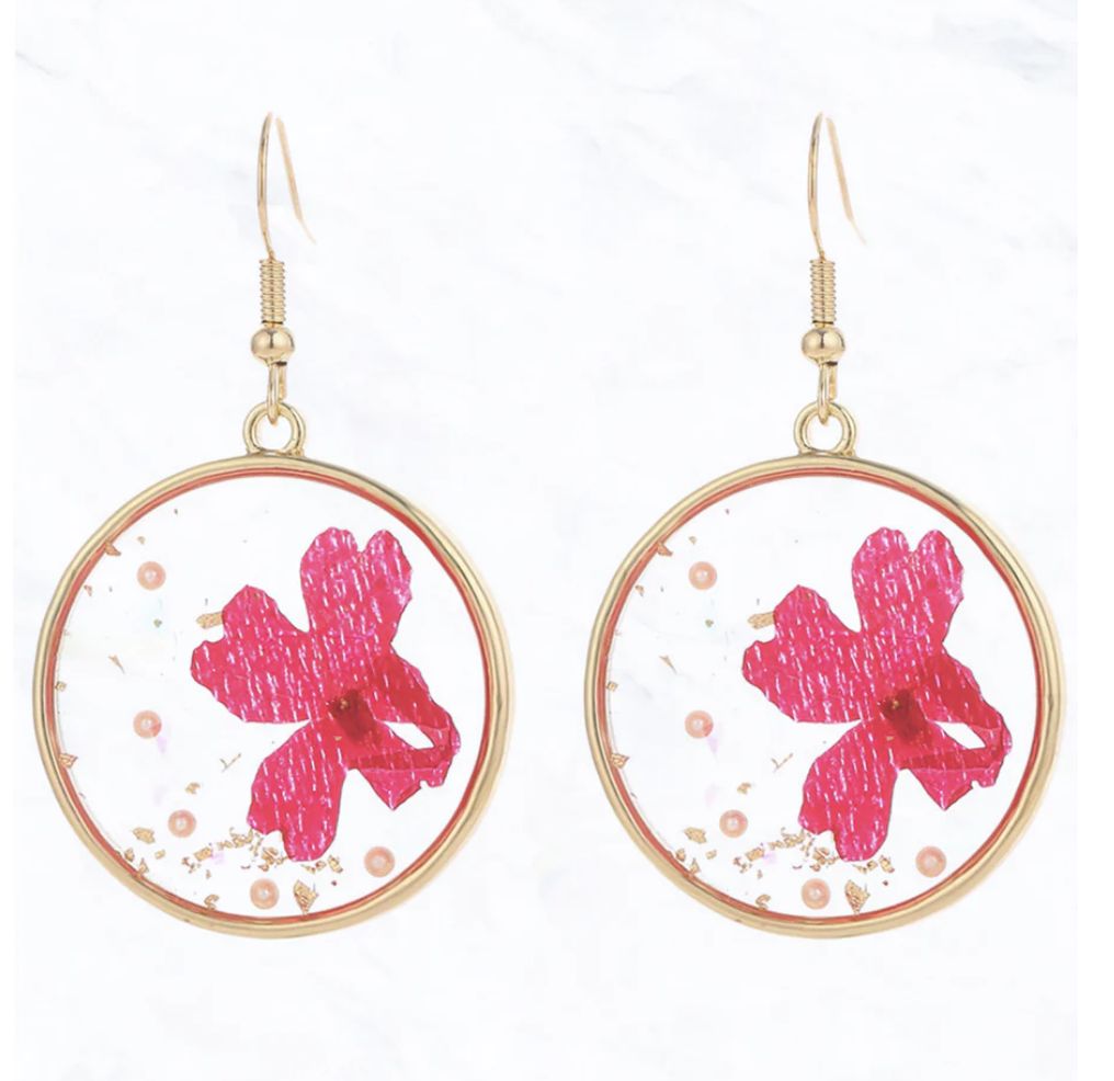 Dried Flower Circle Dangle Earrings, Colour: Pink