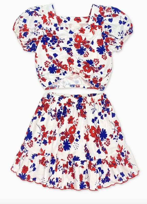 Red &amp; Blue Floral Skirt Set