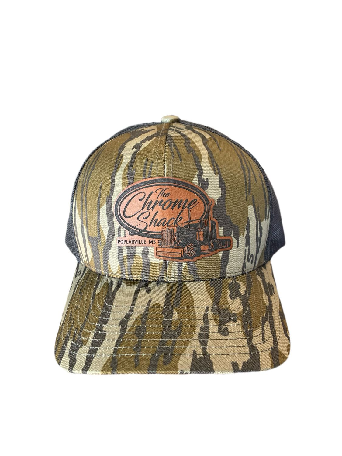 The Chrome Shack Leather Patch Trucker Hat - Bottomland Camo