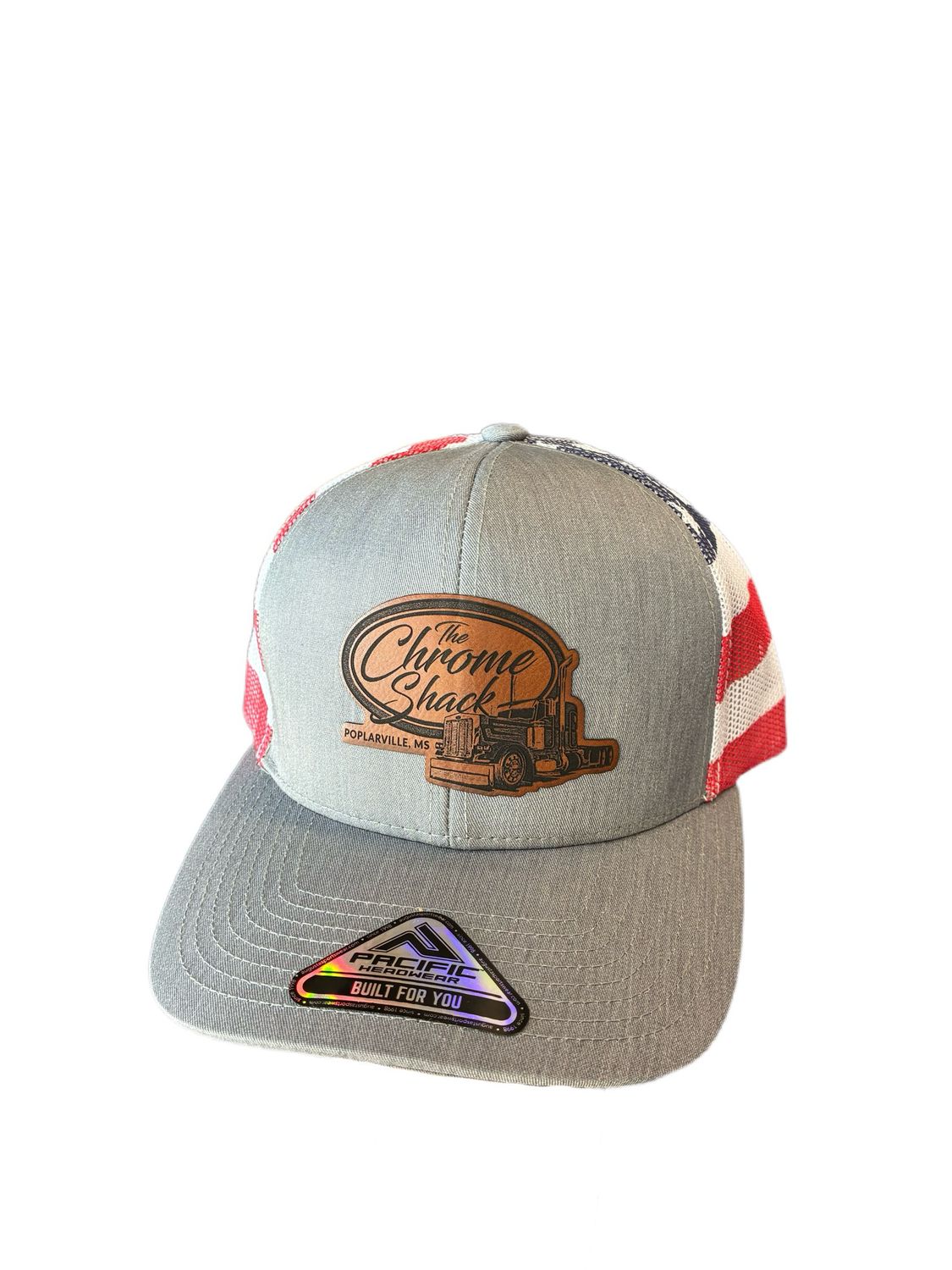 The Chrome Shack Leather Patch Trucker Hat - Heather Grey/USA