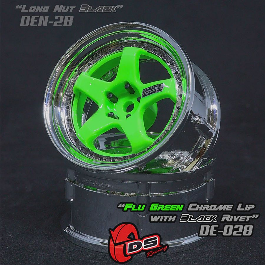 DE 5 Spoke Wheel Set - Flu Green/Chrome Lip w/ Black Rivets