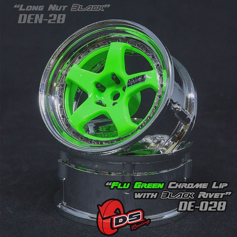 DE 5 Spoke Wheel Set - Flu Green/Chrome Lip w/ Black Rivets