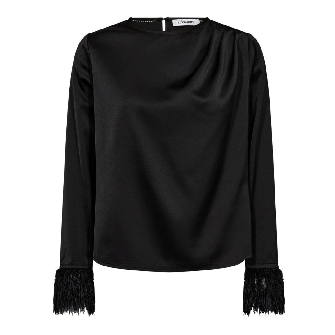 Co'couture AdnaCC Drape Feather Blouse Black, Maat: S