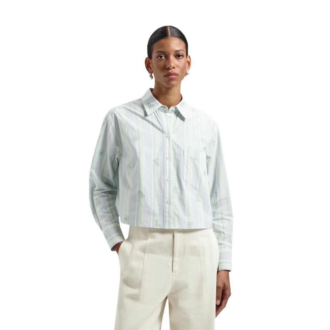Olaf Women Embro Logo Stripe Croped Shirt Green Blue