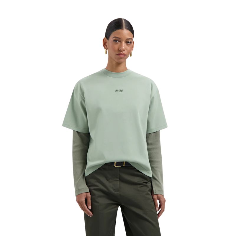 Olaf Hussein Dames Retro Logo Boxy Tee Green Milieu