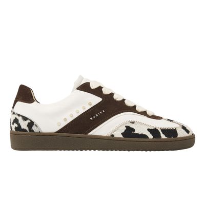 platte dames sneaker met koeienprint bruin en wit leer