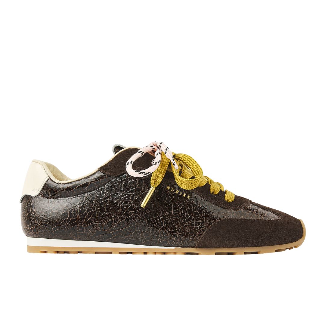 donkerbruin lak en suede veterschoen voor dames