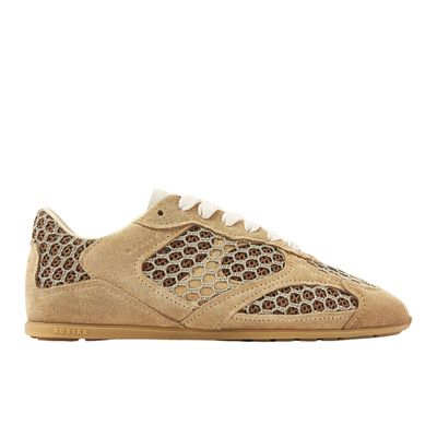 plat cognac suede dames sneaker van nubikk met suede en gaas