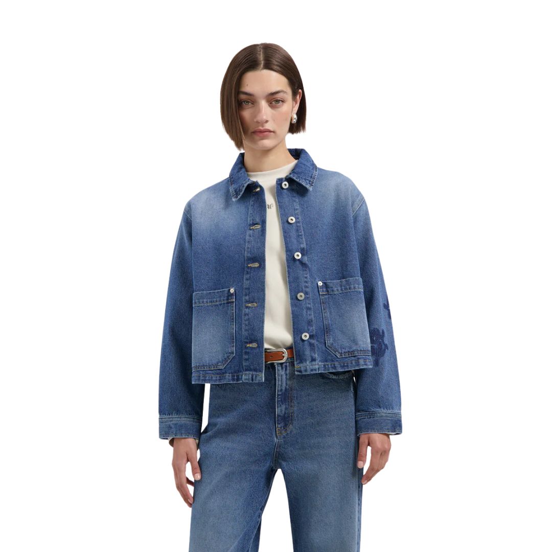 dames denim jacket met logo van Olaf hussein
