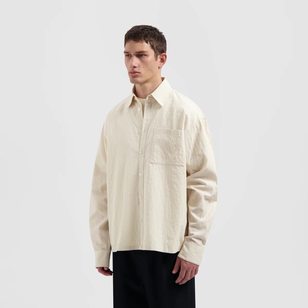 Olaf Hussein beige Textured heren Boxy Shirt, Maat: S