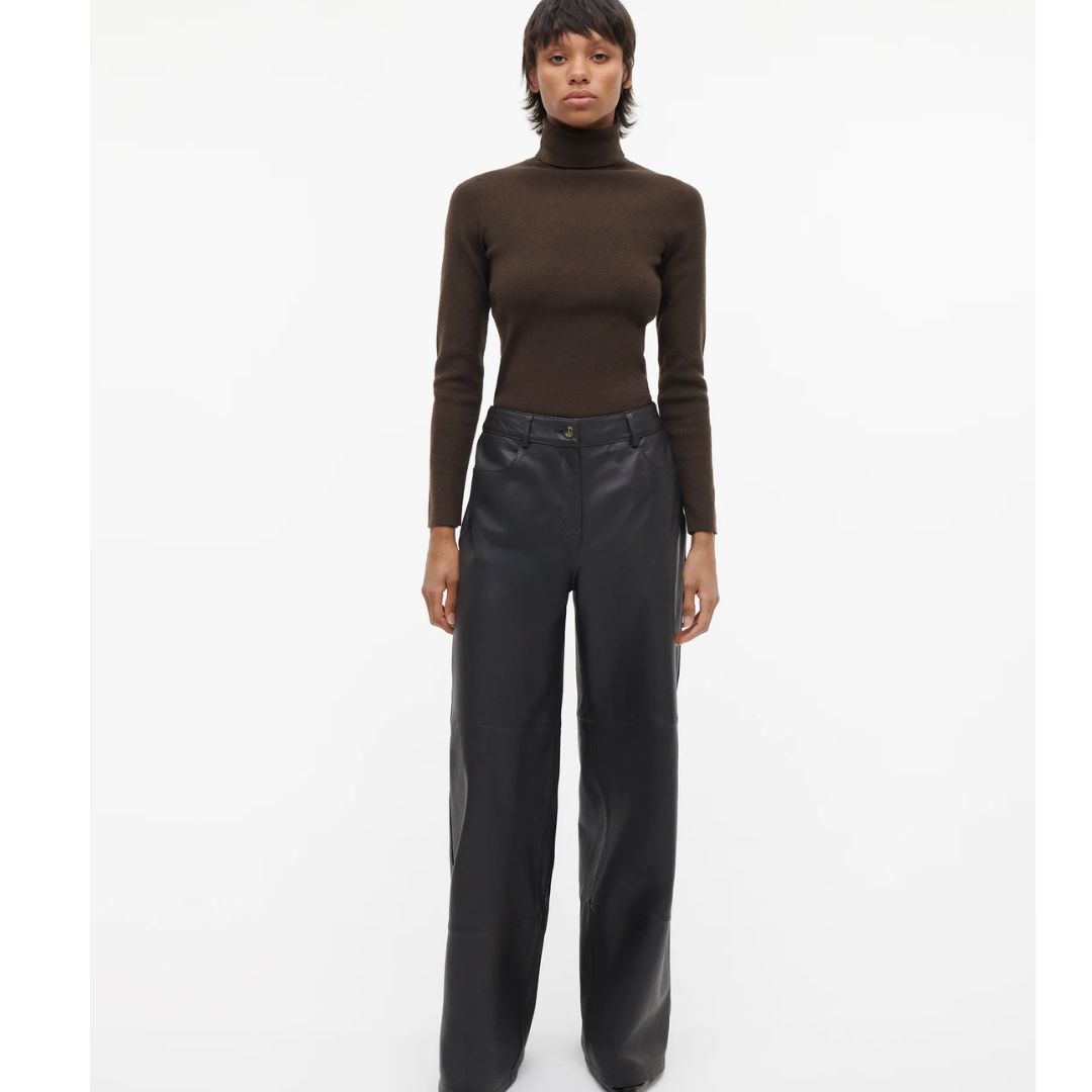 Studio AR bruin Tess leather wide leg dames trouser, Maat: 34