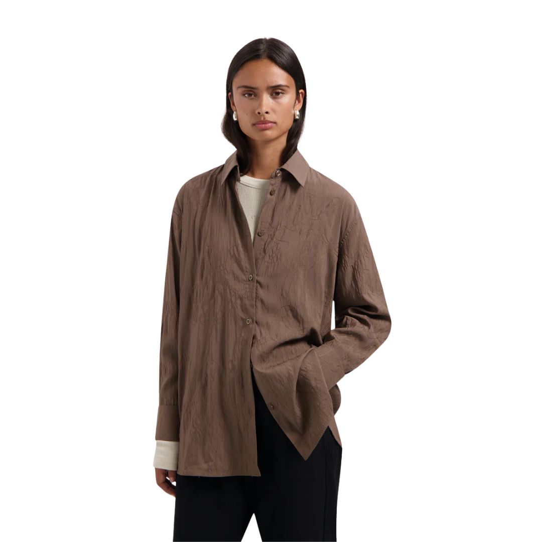 Olaf Taupe Monogram Embro Oversized dames Shirt, Maat: XS