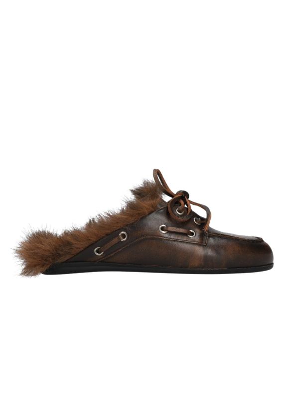 Posa Boat Loafer Mule Hairy Fur Coffee
