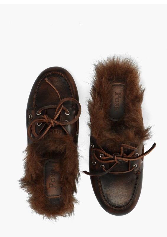 Posa Boat Loafer Mule Hairy Fur Coffee