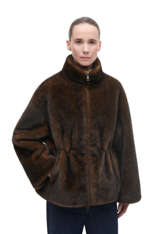 Studio AR Frankie Cinched Waist Faux fur Jacket Choco