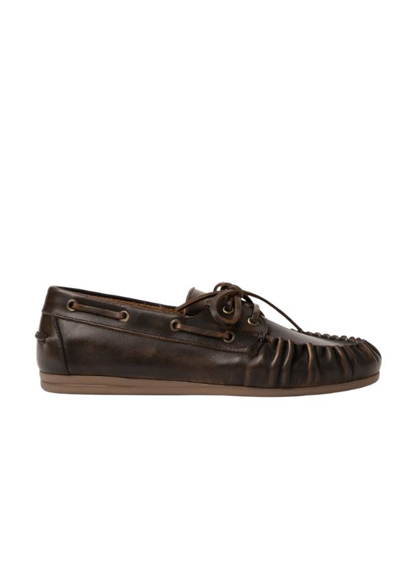 Posa Boat Loafer Wrinkle Brushed Leather Coffee Posa Boat Loafer Wrinkle Brushed