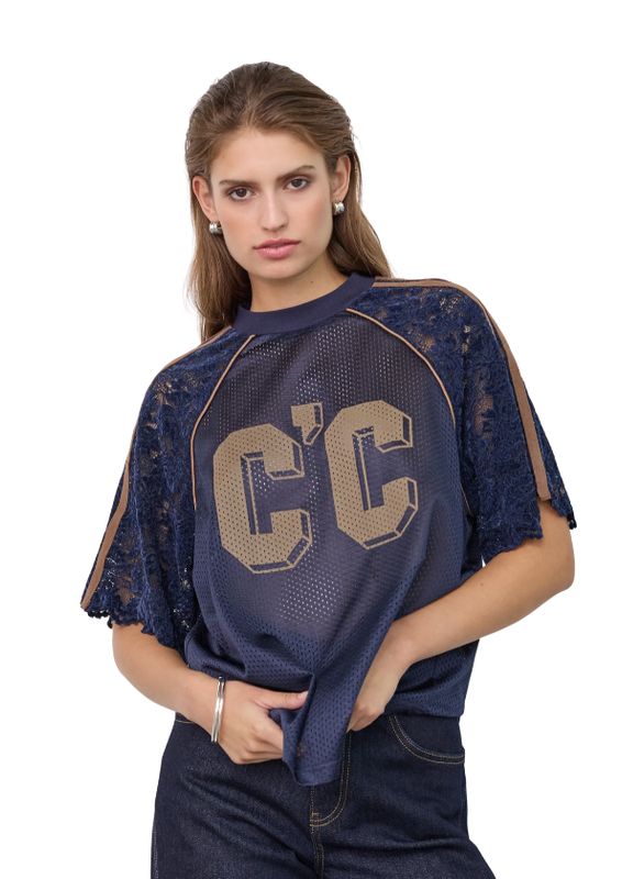Co'Couture ReenaCC Logo Lace Tee Navy
