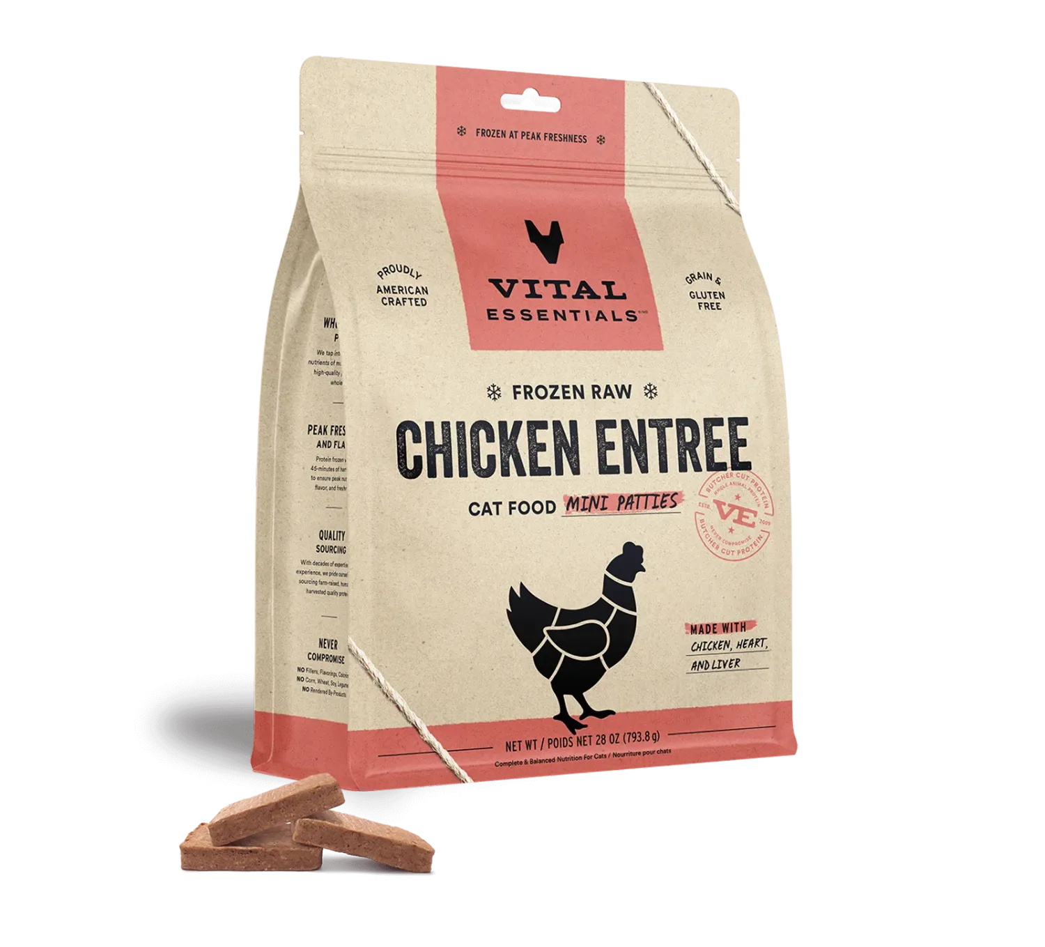 VITAL ESSENTIALS CAT 28OZ FROZEN MINI PATTIES CHICKEN