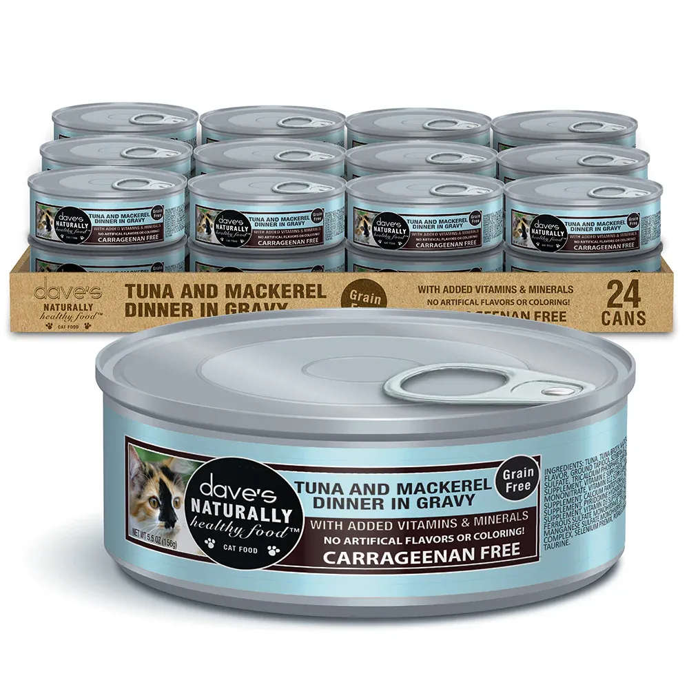 DAVE&#39;S CAT 5.5OZ TUNA &amp; MACKEREL DINNER IN GRAVY