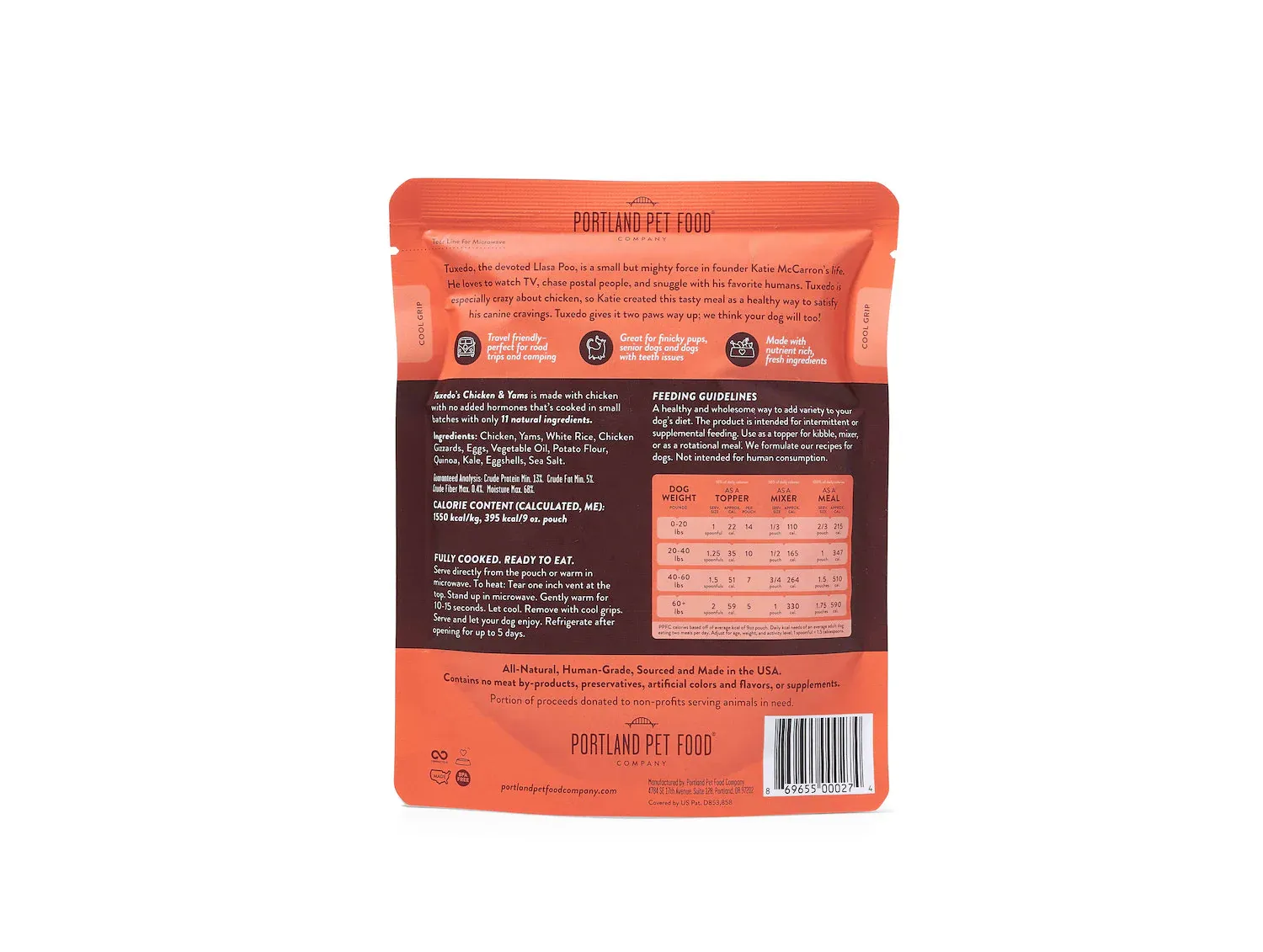PORTLAND PET FOOD DOG 9OZ POUCH TUXEDO&#39;S CHICKEN &amp; YAMS