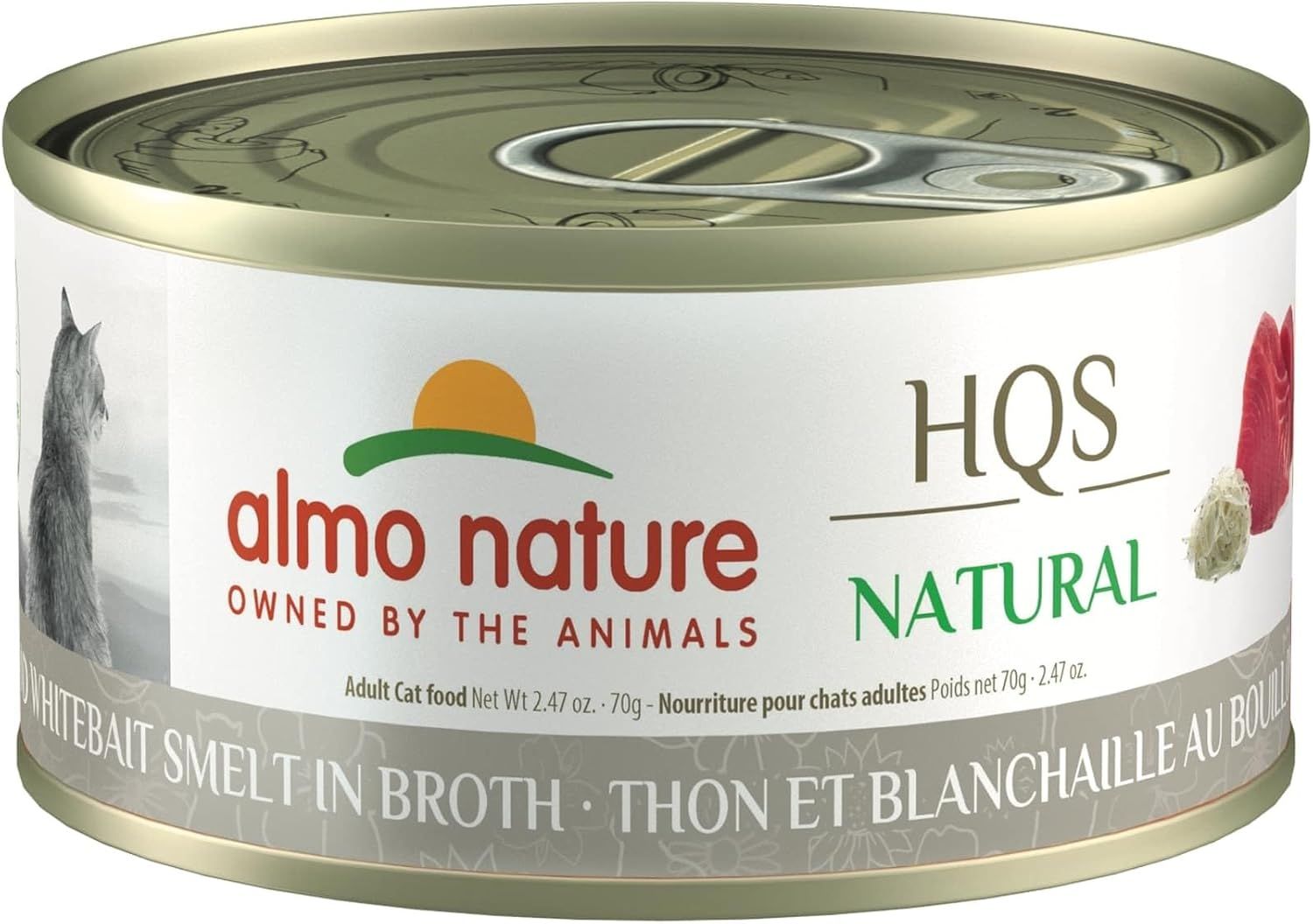 ALMO CAT TUNA &amp; WHITEFISH SMELT IN BROTH 2/47OZ CASE