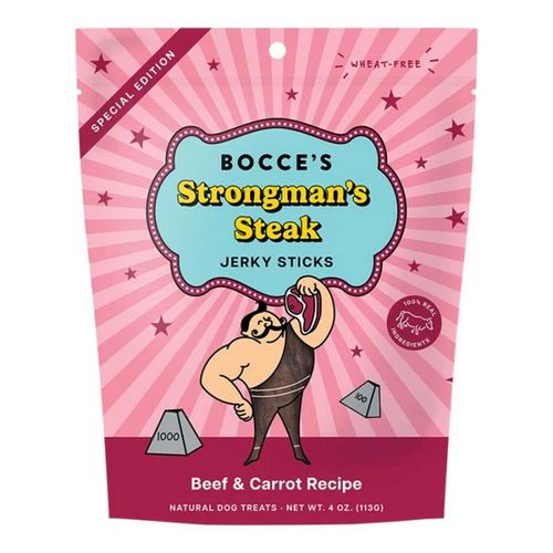 BOCCE&#39;S DOG 4OZ JRKY STICKS STRONGMAN&#39;S STEAK